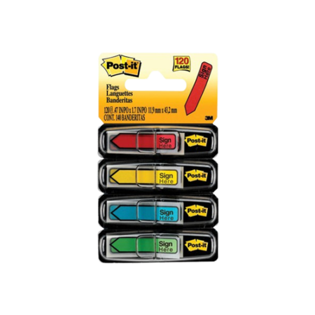 Arrow Message 0.5" Page Flags w/Dispenser, “Sign Here”, Assorted