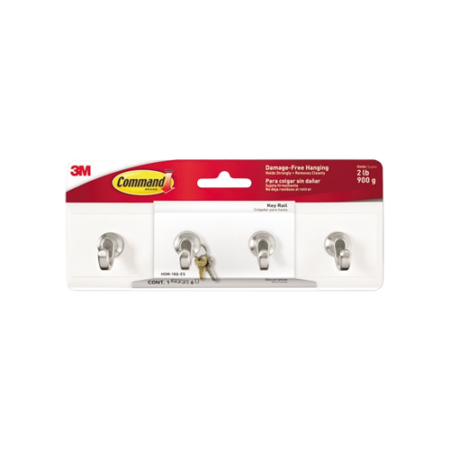 Decorative Key Rail, Plastic, Quartz/Silver, 8 x 1.5 x 2.13, 4 Hooks/Pack