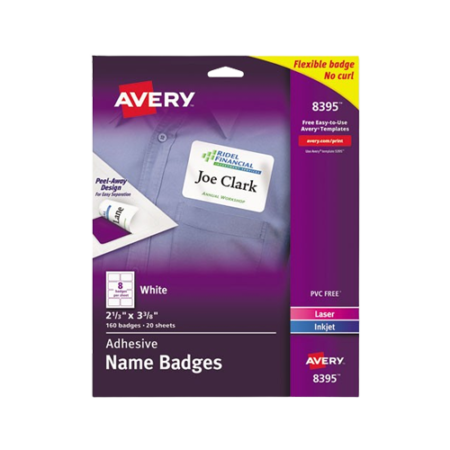 Flexible Adhesive Name Badge Labels, 3.38 x 2.33, White, 160/Pack