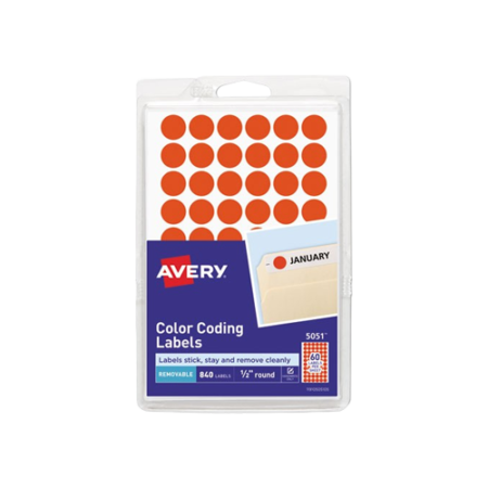 Printable Self-Adhesive Removable Round Color-Coding Labels, 0.5" dia, Neon Red, 60/Sheet, 14 Sheets/Pack