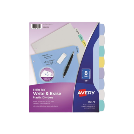 Write and Erase Big Tab Durable Plastic Dividers, 3-Hole Punched, 8-Tab